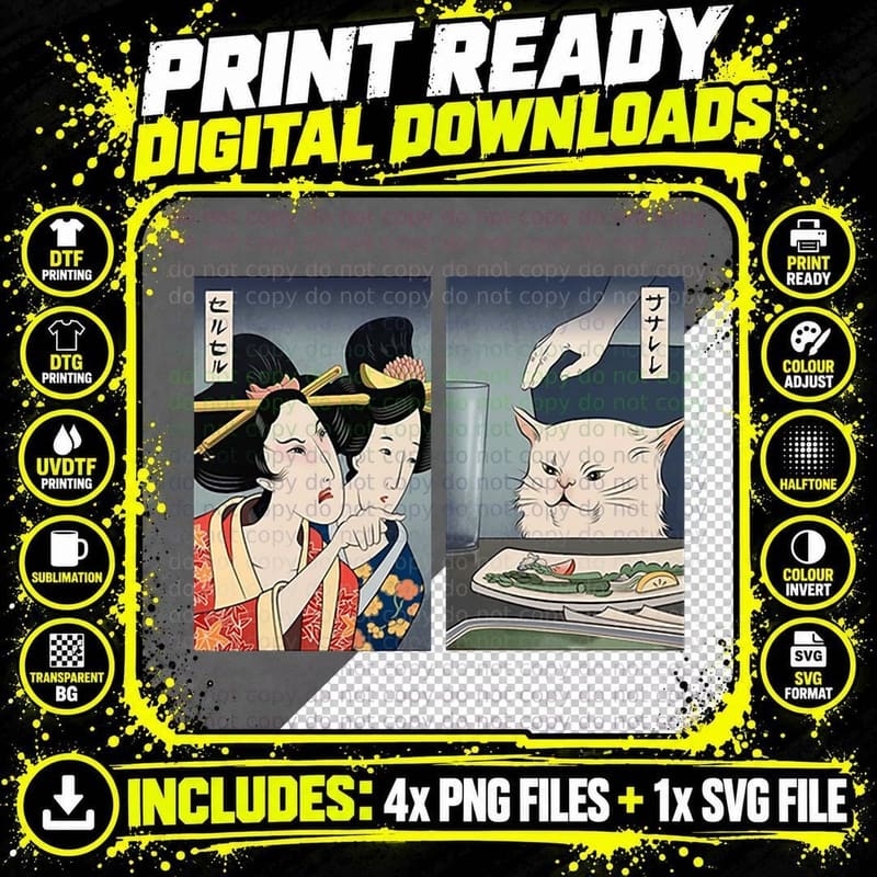 Lady Yelling at Cat Meme Traditional Japanese T-Shirt Png SVG Digital Bundle