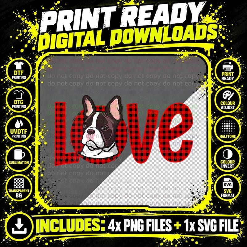 Love French Bulldog Dog Lovers Red Plaid Buffalo Png SVG Digital Bundle