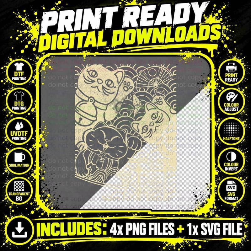 Maneki-Neko Lucky Cat T-Shirt, Japanese Good Luck Png SVG Digital Bundle