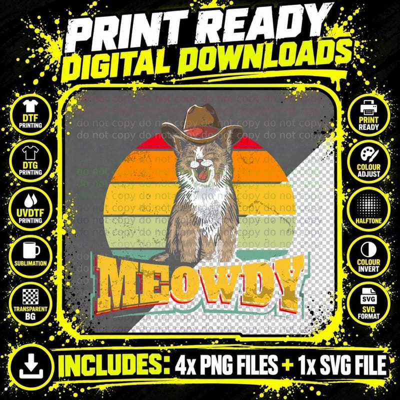 Meowdy Cat Funny Mashup T-Shirt, Vintage Retro Png SVG Digital Bundle