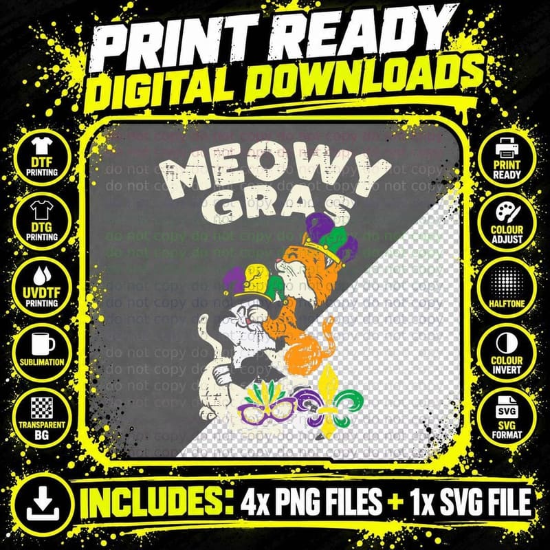 Meowy Grassy Mardi Gras Cat T-Shirt Png SVG Digital Bundle