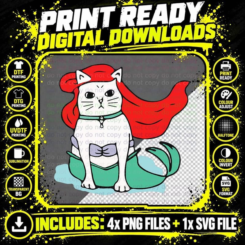 Mercat Mermaid Cat Kitty Drawing Tee, Funny Animal Art Png SVG Digital Bundle