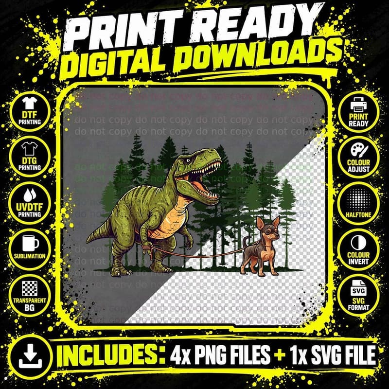 Miniature Pinscher Dinosaur T-Rex Walking Funny Dog Trex Png SVG Digital Bundle