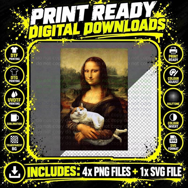 Mona Lisa with Fat Cat Funny Art Painting T-Shirt Png SVG Digital Bundle