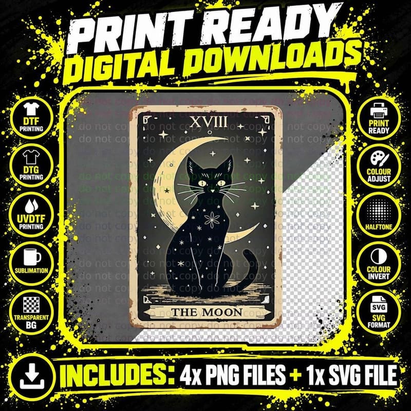 Moon Cat Tarot Card Shirt, Crescent Moon and Cat T-Shirt Png SVG Digital Bundle