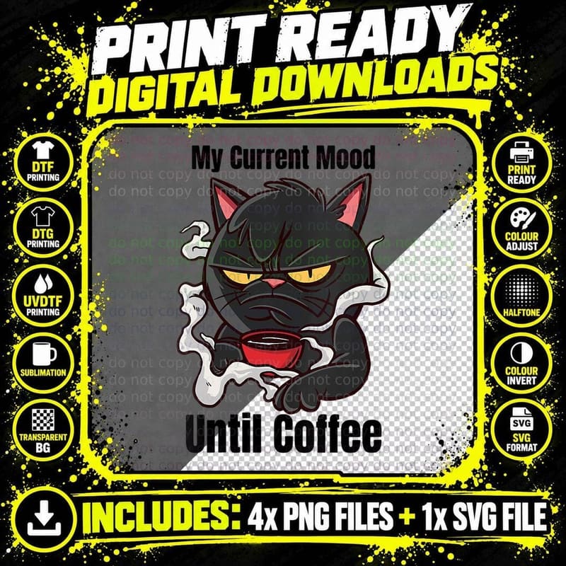Morning Coffee Cat Lovers T-Shirt, Morning Mood Png SVG Digital Bundle
