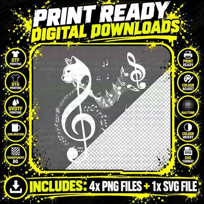 Music and Cats Lover Treble Clef Funny Cat Music Notes Png SVG Digital Bundle