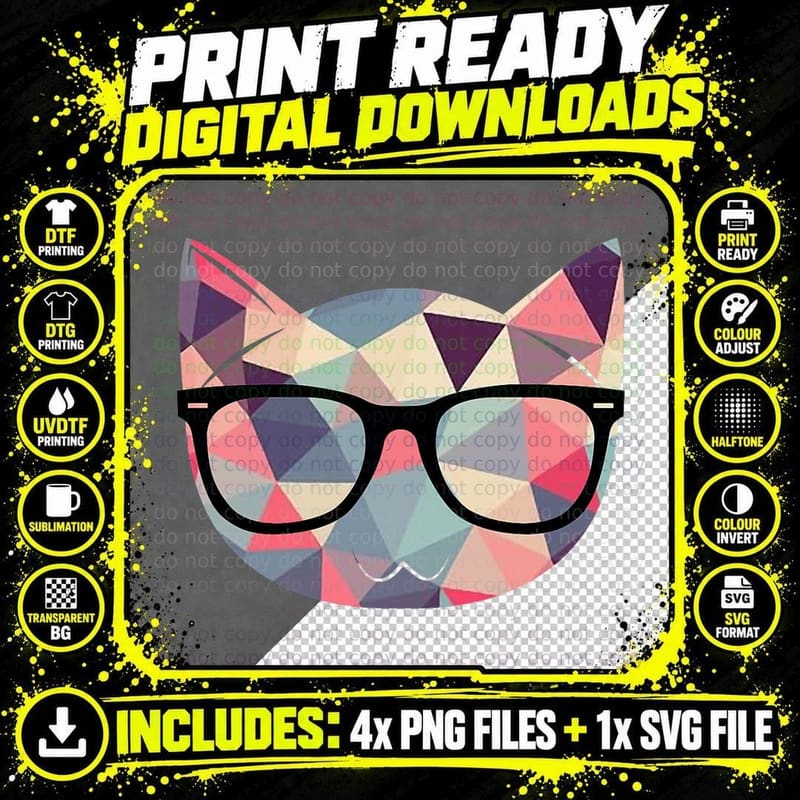 Nerd Cat T-Shirt, Geometric Glasses Print Png SVG Digital Bundle