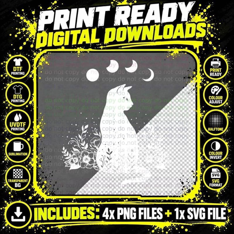 Night Garden Cat T-Shirt Png SVG Digital Bundle