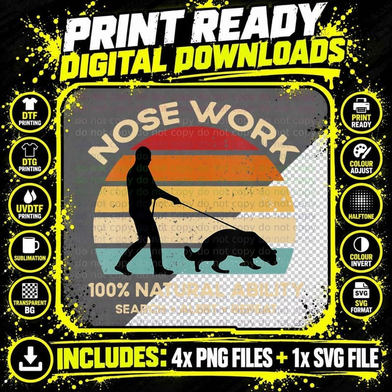 Nose Work Dog Training T-Shirt, Vintage Retro Style Png SVG Digital Bundle