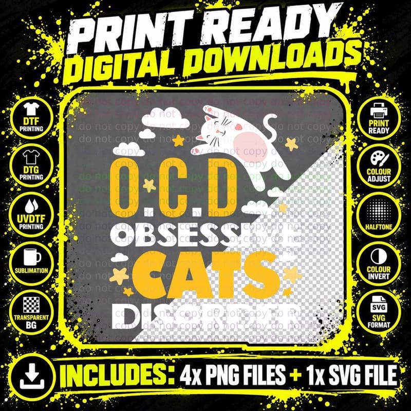 OCD Obsessive Cats Disorder Cute Cat T-Shirt Png SVG Digital Bundle