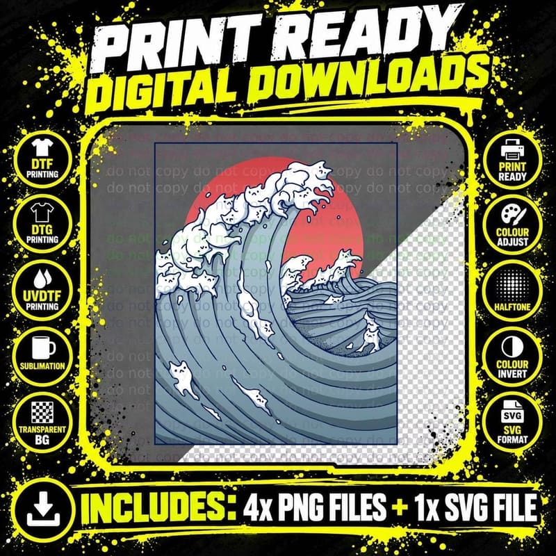 Ocean Cat Waves T-Shirt Png SVG Digital Bundle