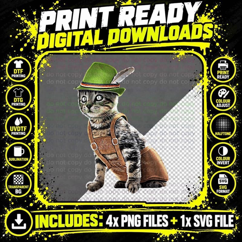 Oktoberfest Cat Bavarian Lederhosen Costume Alpine Hat Png SVG Digital Bundle