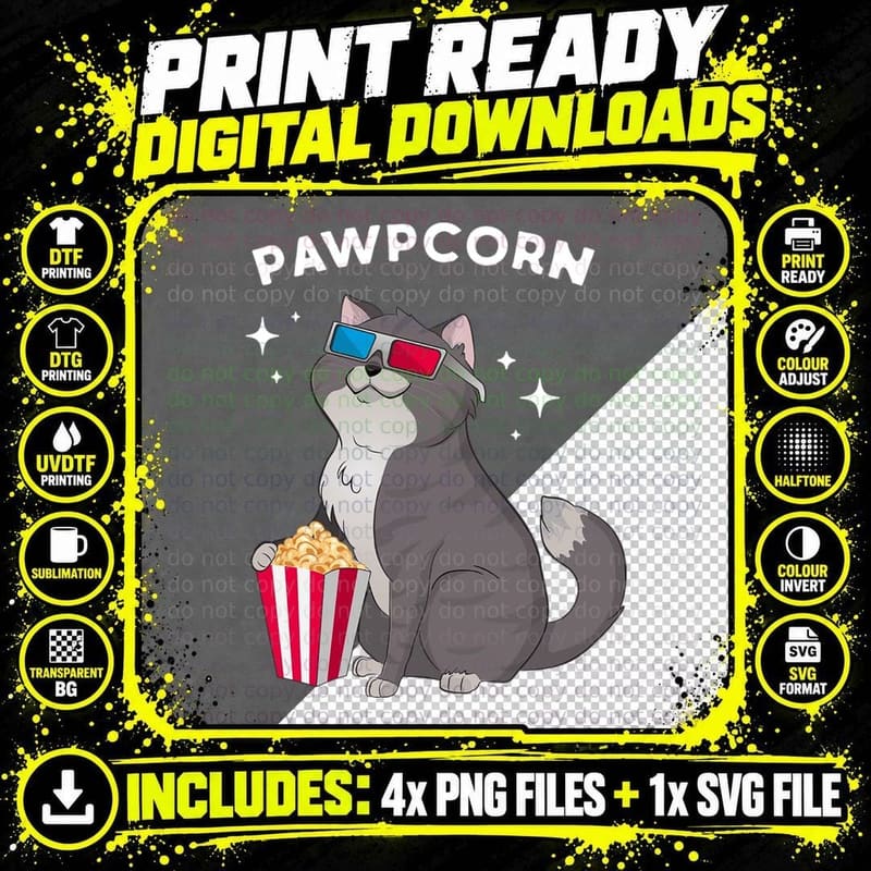 Pawpcorn Funny Cat with Popcorn T-Shirt Png SVG Digital Bundle