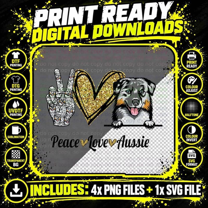 Peace Love Aussie Dog T-Shirt, Australian Shepherd Png SVG Digital Bundle