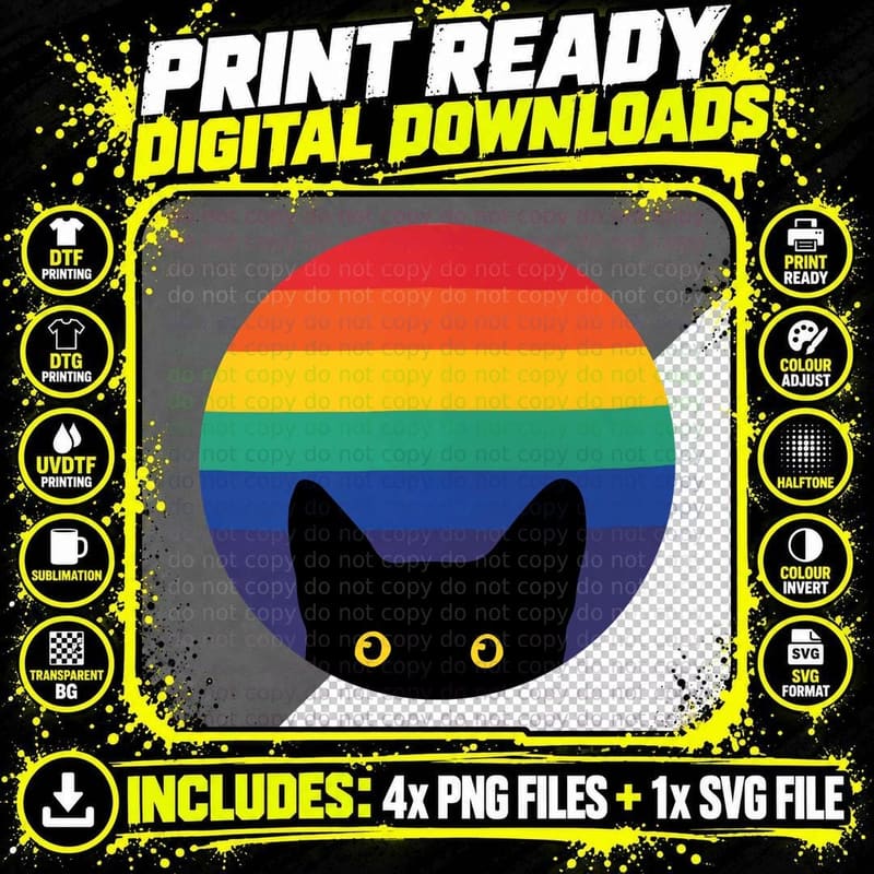 Peeking Cat in Rainbow Circle T-Shirt Png SVG Digital Bundle