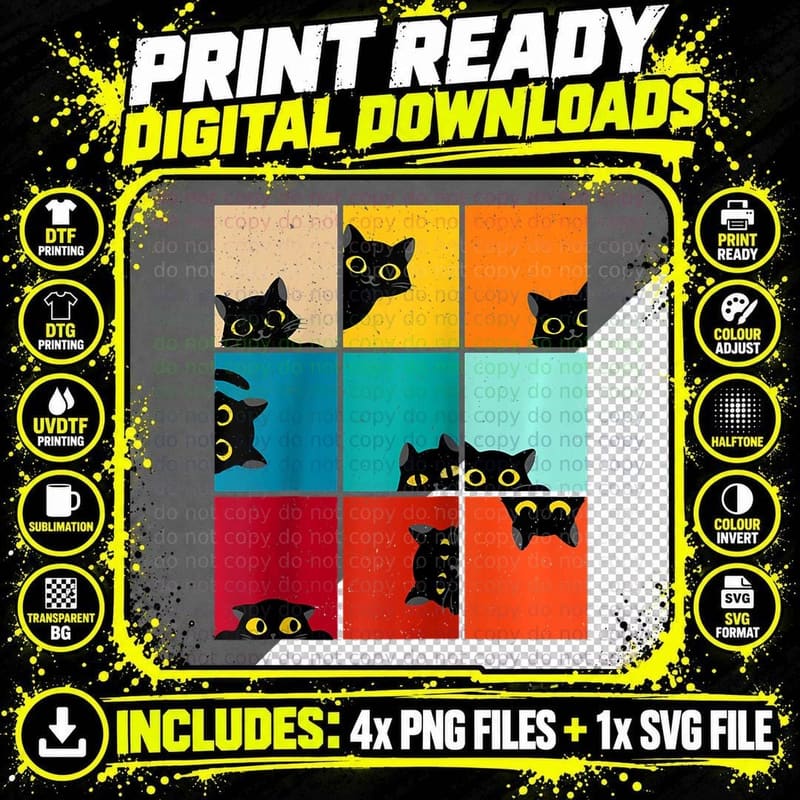 Peeping Cat Vintage Retro T-Shirt, Funny Cat Meme Design Png SVG Digital Bundle