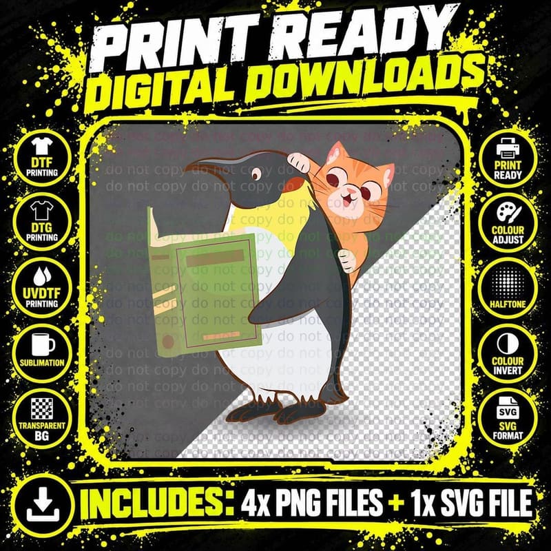 Penguin Reading Book T-Shirt, Animal Pet Lover Apparel Png SVG Digital Bundle