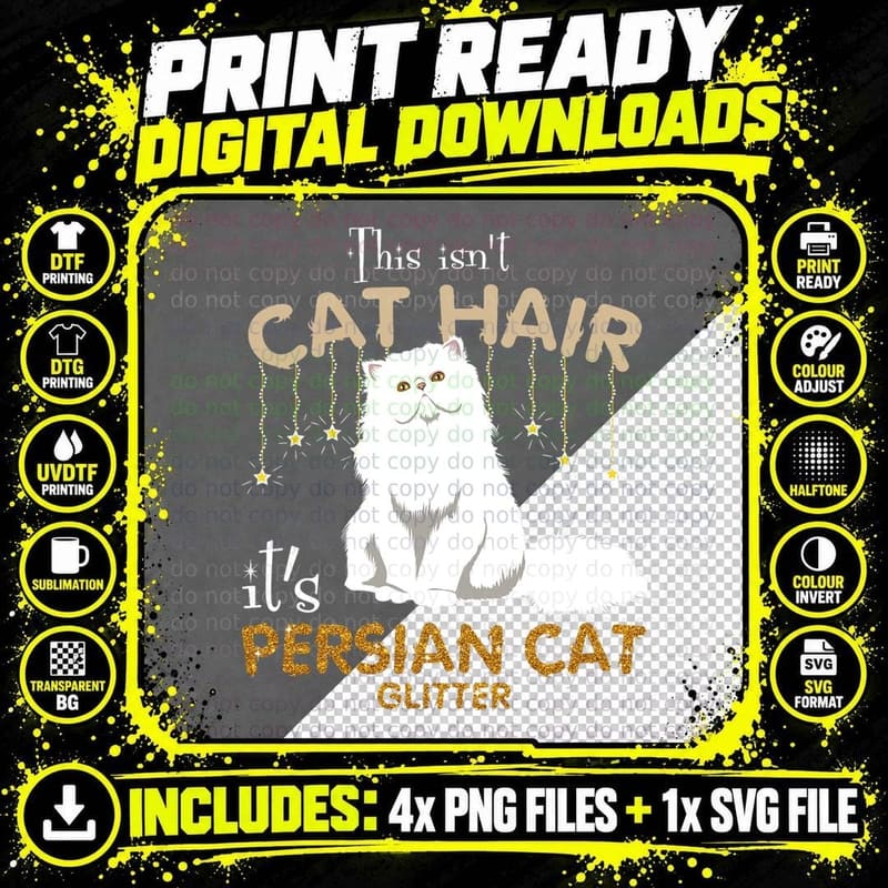 Persian Cat Glitter T-Shirt, Cat Hair Humor Png SVG Digital Bundle
