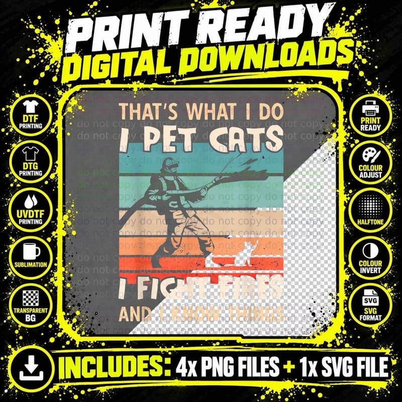 Pet Cat Firefighter T-Shirt, Vintage Retro Style Png SVG Digital Bundle