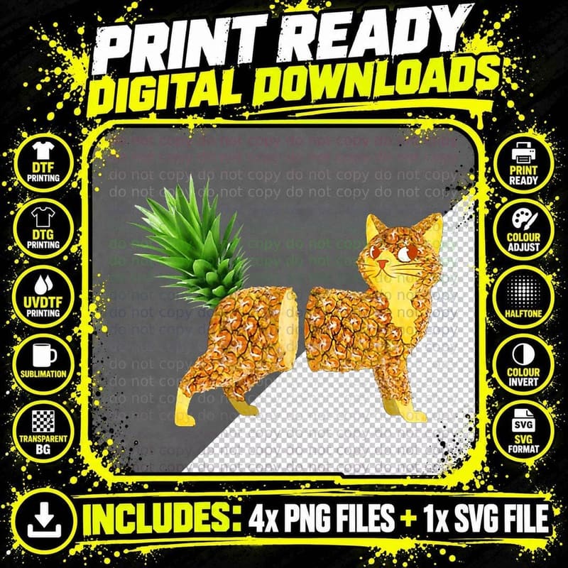 Pineapple Cat T-Shirt, Tropical Fruit Print Png SVG Digital Bundle