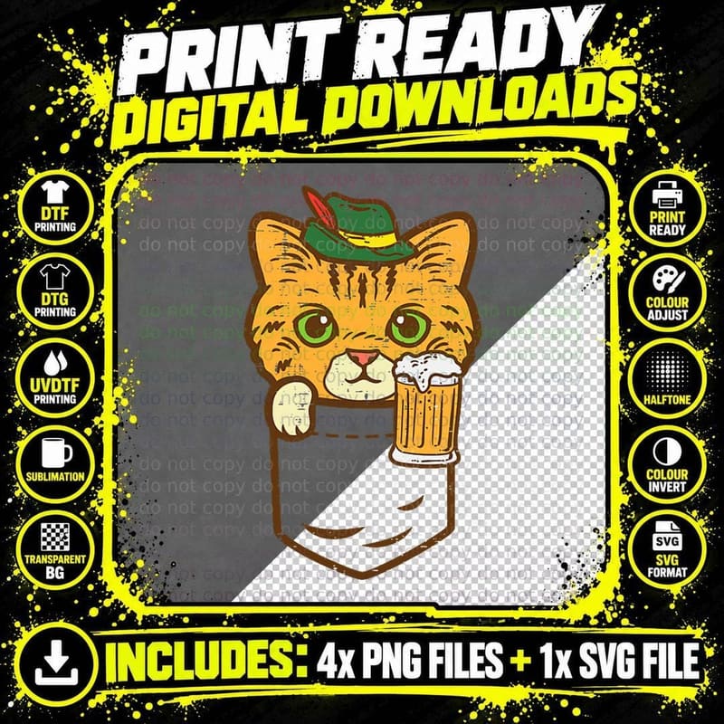 Pocket Cat Oktoberfest Hat Bavarian Kitten German Men Png SVG Digital Bundle