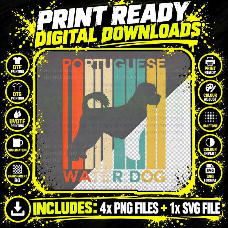 Portuguese Water Dog Silhouette Retro Vintage Style Png SVG Digital Bundle