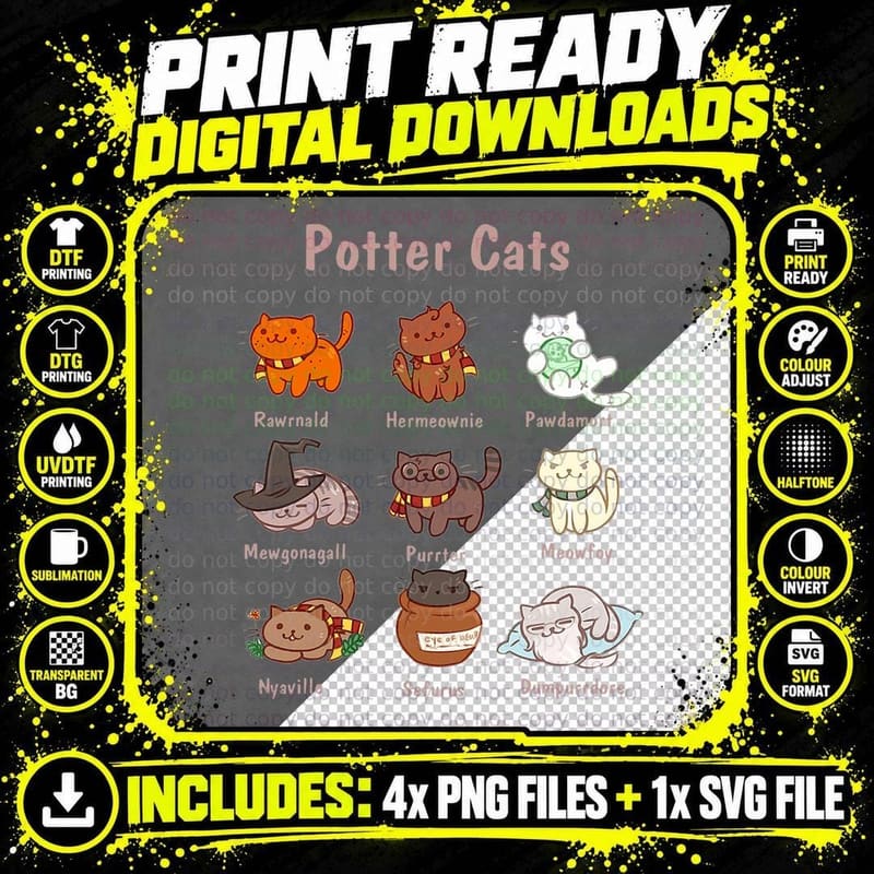 Potter Cats T-Shirt, Wizard Academy Themed Png SVG Digital Bundle