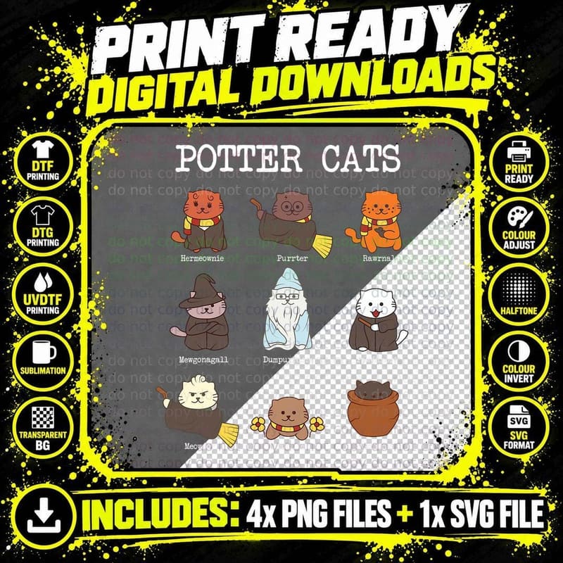 Potter Cats T-Shirt, Wizard Cats Design Png SVG Digital Bundle