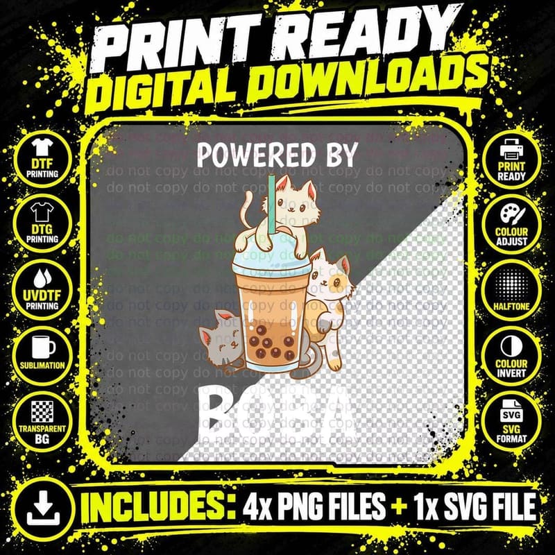 Powered by Boba Bubble Milk Tea Tapioca Pearls Cat Lover Png SVG Digital Bundle