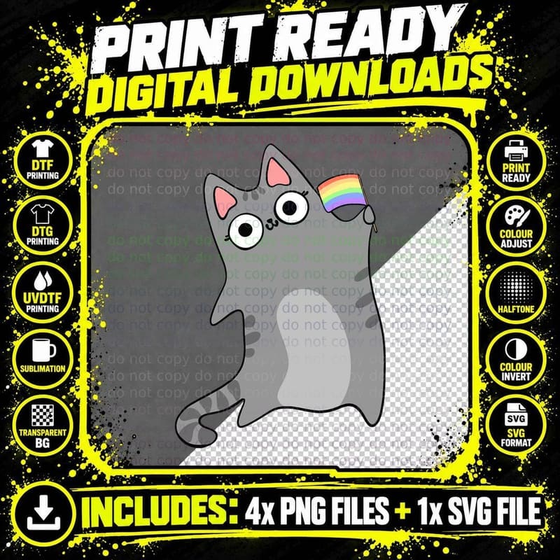 Pride Flag Gray Tabby Cat Pride Month Celebration Png SVG Digital Bundle