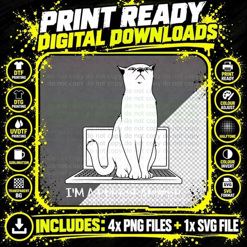 Programming Cat T-Shirt, Funny Coding Design Png SVG Digital Bundle