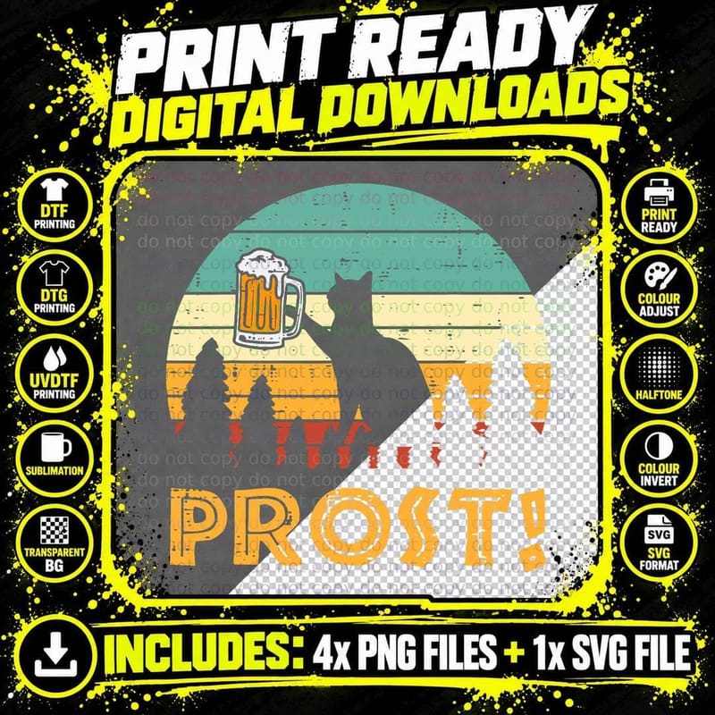 Prost Cat Silhouette Retro Bavarian Oktoberfest Men Png SVG Digital Bundle