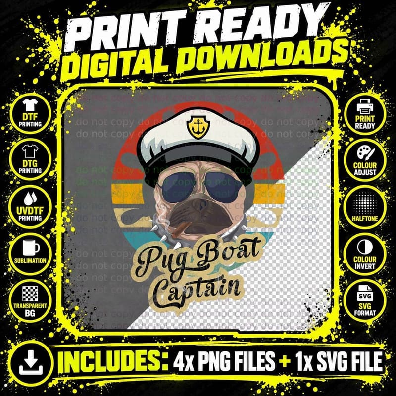 Pug Boat Captain T-Shirt, Funny Dog Pun Png SVG Digital Bundle