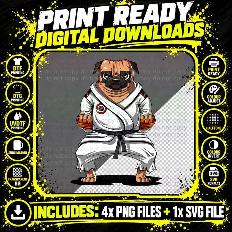 Pug Dog Karate Ninja T-Shirt, Martial Arts Style Png SVG Digital Bundle