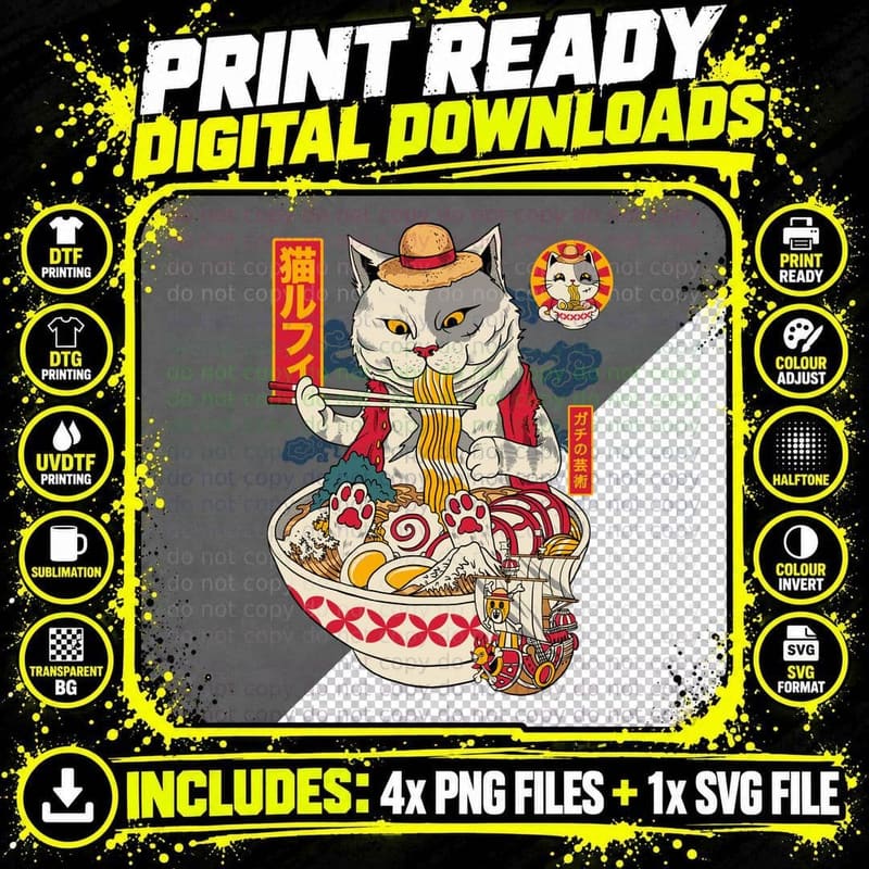 RAMEN CAT Pirate T-Shirt Png SVG Digital Bundle