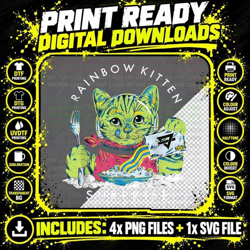 Rainbow Cat Eating Surprise T-Shirt, Vintage Retro Png SVG Digital Bundle