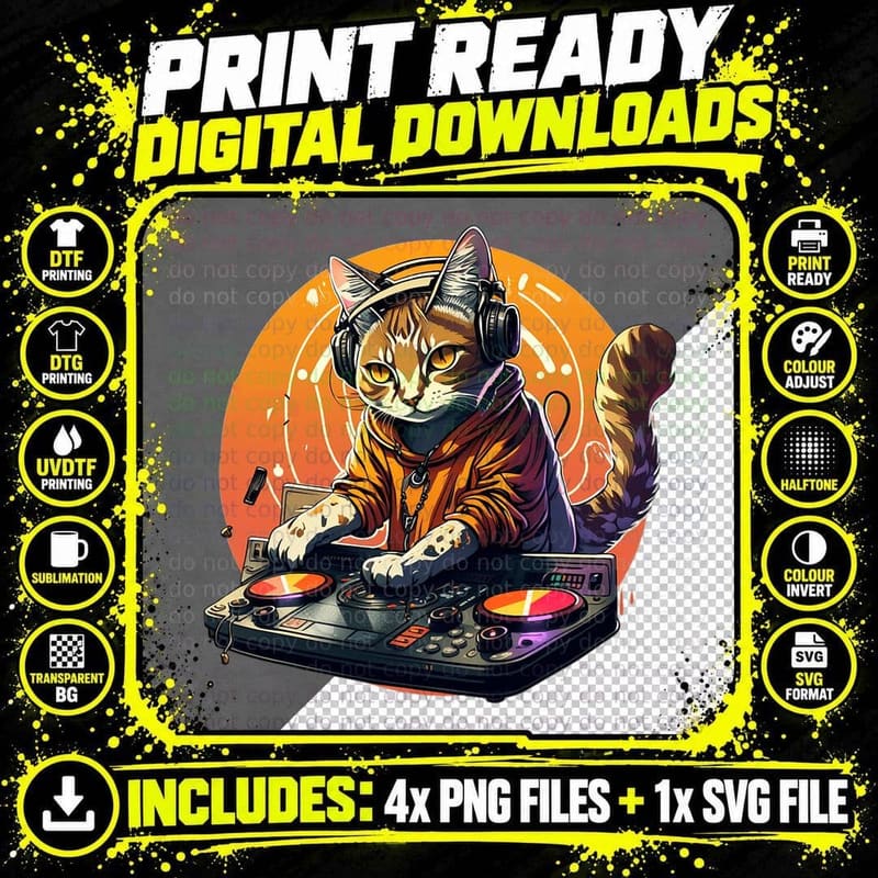 Rainbow DJ Cat T-Shirt, Music Lover Style Png SVG Digital Bundle
