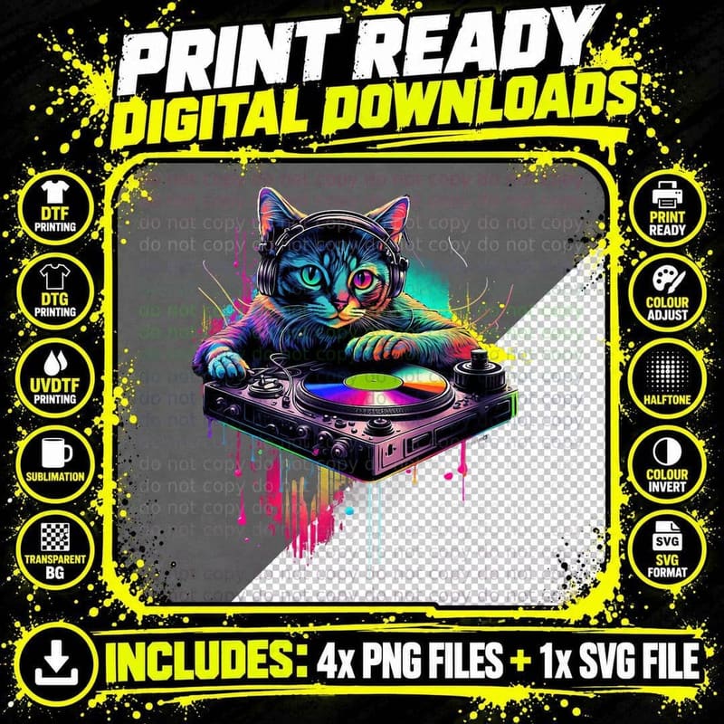 Rainbow DJ Cat T-Shirt, Party Disco Style Png SVG Digital Bundle
