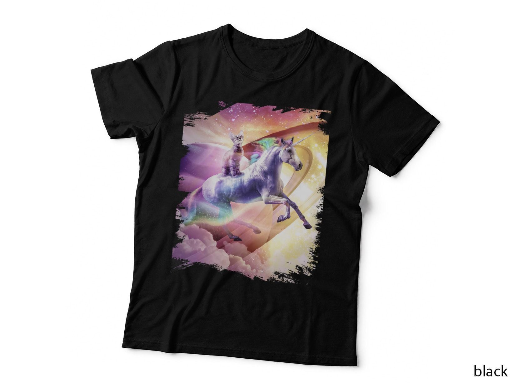 Rainbow Galaxy Cat Riding Unicorn T-Shirt, Fantasy Space Art