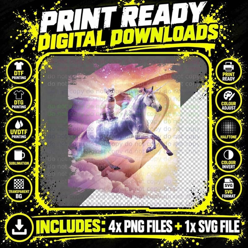 Rainbow Galaxy Cat Riding Unicorn T-Shirt Png SVG Digital Bundle