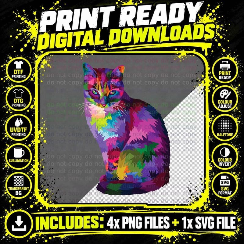Rainbow Tabby Cat T-Shirt, Vibrant Feline Spectrum Png SVG Digital Bundle