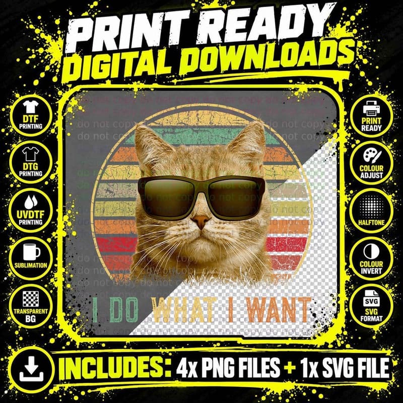 Retro 70s 80s 90s Meowy Cat T-Shirt, Funny Cat Design Png SVG Digital Bundle