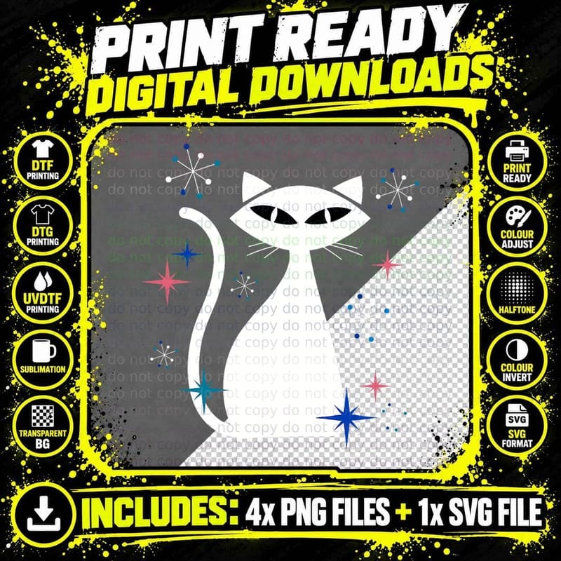 Retro Atomic Age Cat T-Shirt, Vintage Space Design Png SVG Digital Bundle