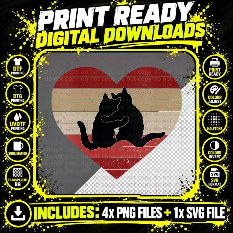 Retro Black Cat Lover Valentines Day Heart Cats T-Shirt Png SVG Digital Bundle