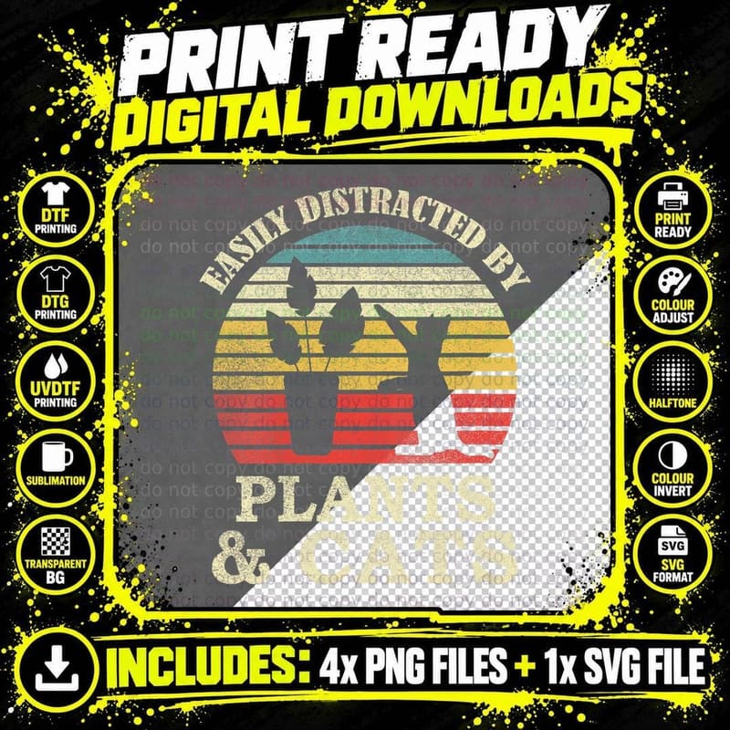 Retro Cat & Plant Lover T-Shirt, Vintage Pet Lover Png SVG Digital Bundle