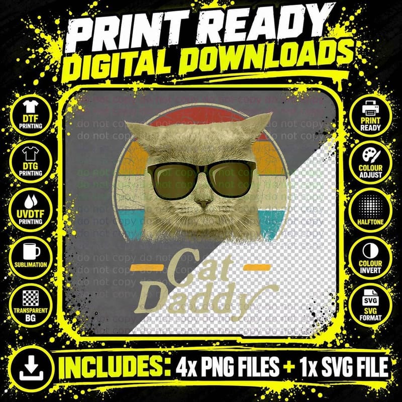 Retro Cat Daddy T-Shirt, 80s 90s Style, Cat Lover Apparel Png SVG Digital Bundle