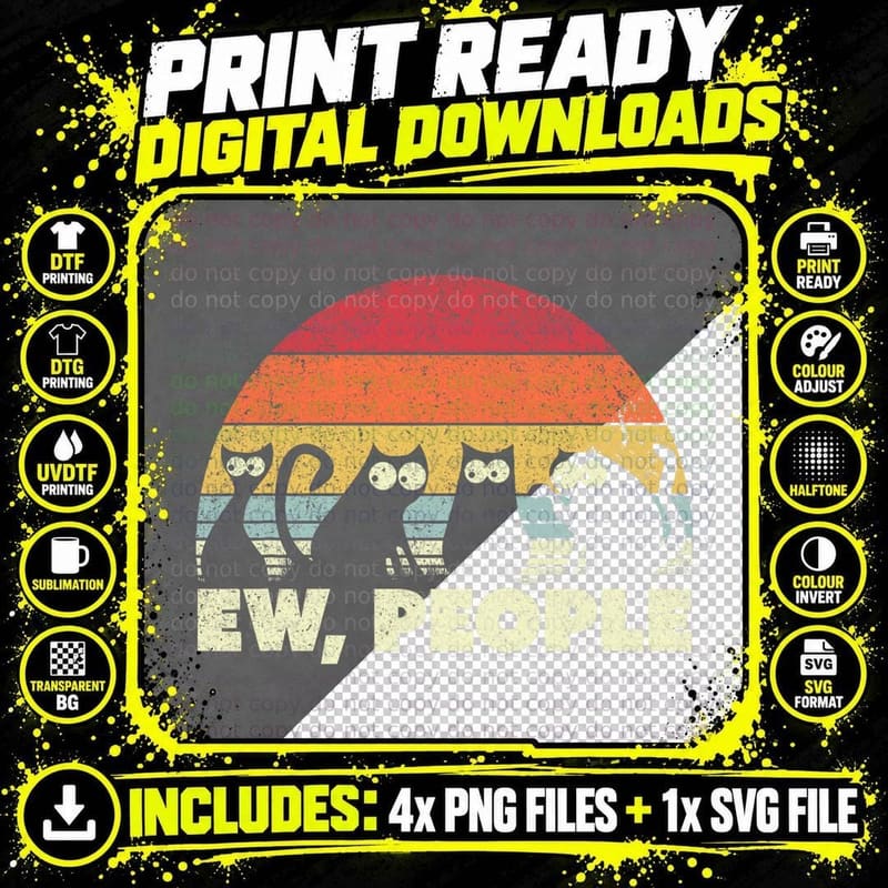 Retro Cat T-Shirt, Ew People Slogan, Funny Cat Apparel Png SVG Digital Bundle