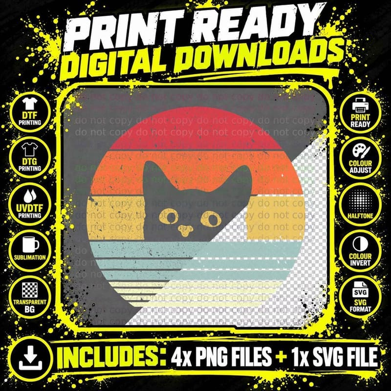 Retro Cat T-Shirt, Vintage Style, Pet Lover Apparel Png SVG Digital Bundle