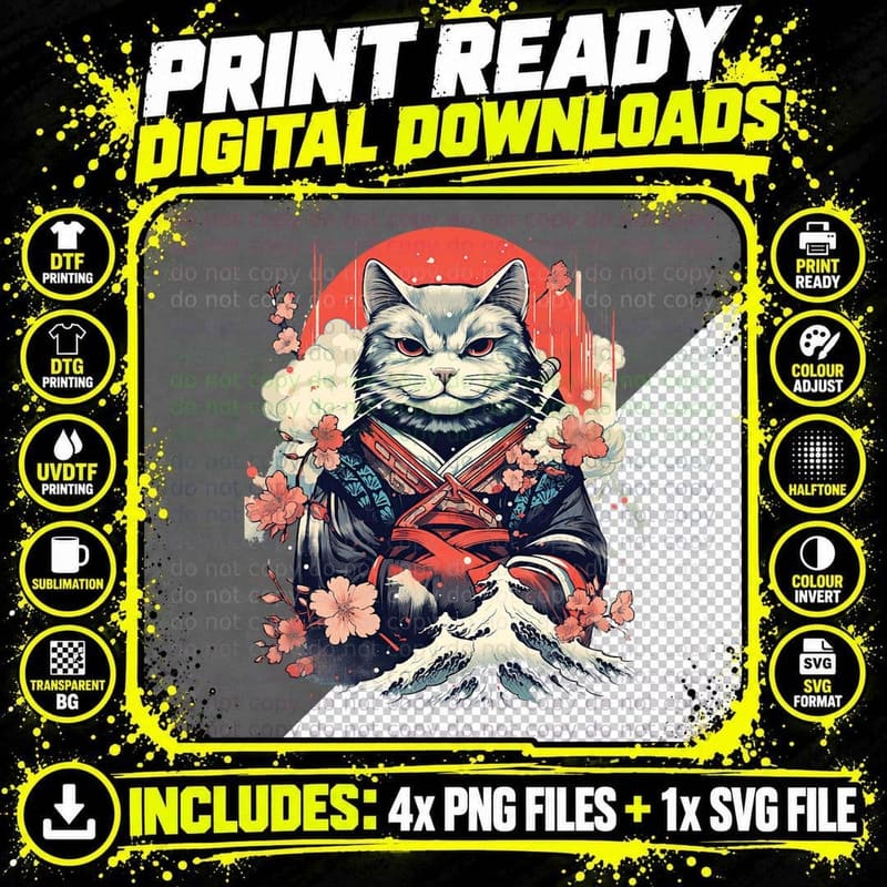 Retro Japanese Cat Samurai Tattoo Graphic T-Shirt Png SVG Digital Bundle